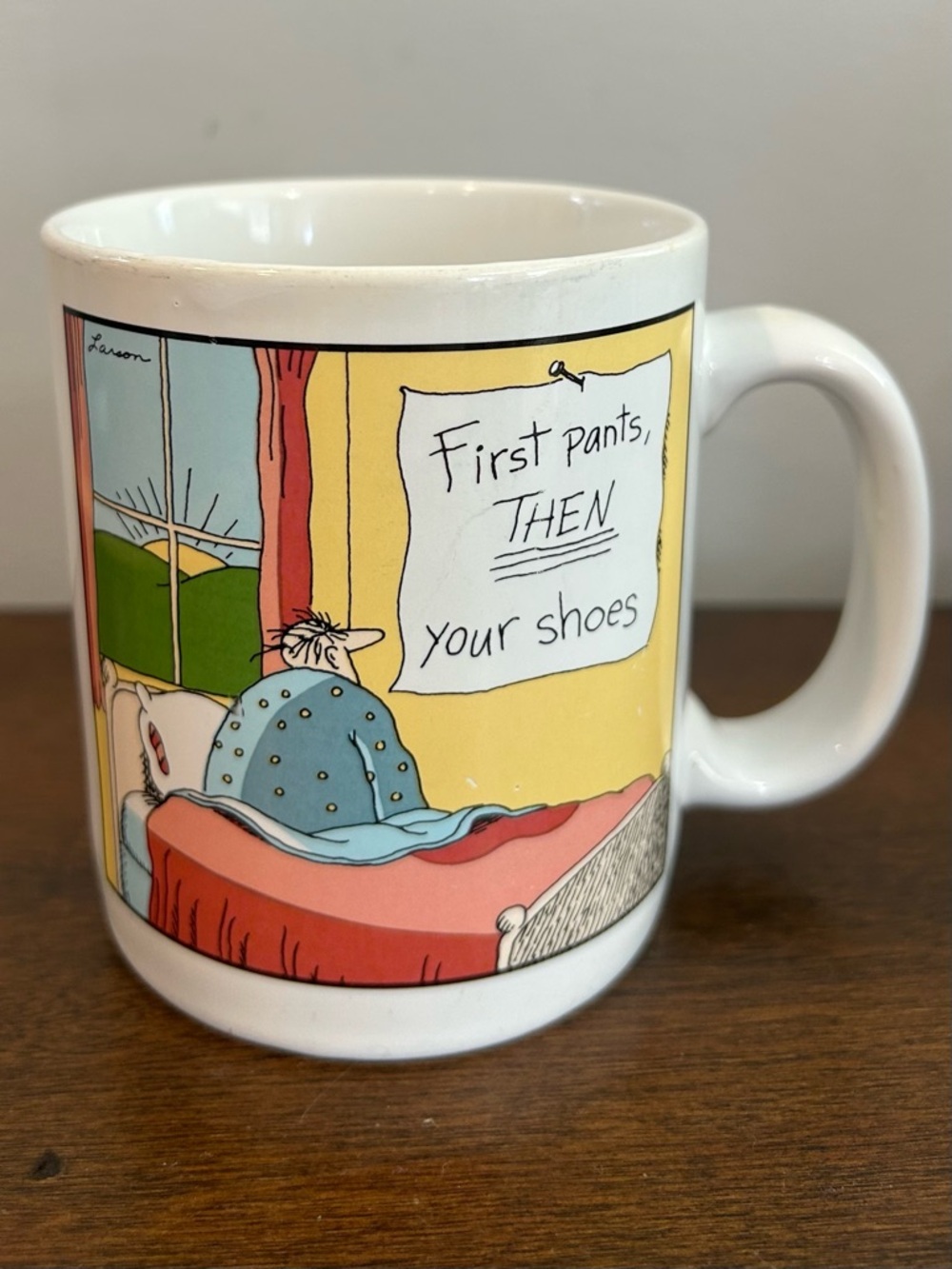 The Far Side Gary Larson “First Pants, Then Your Shoes” Mug 1983 Taiwan Vintage.